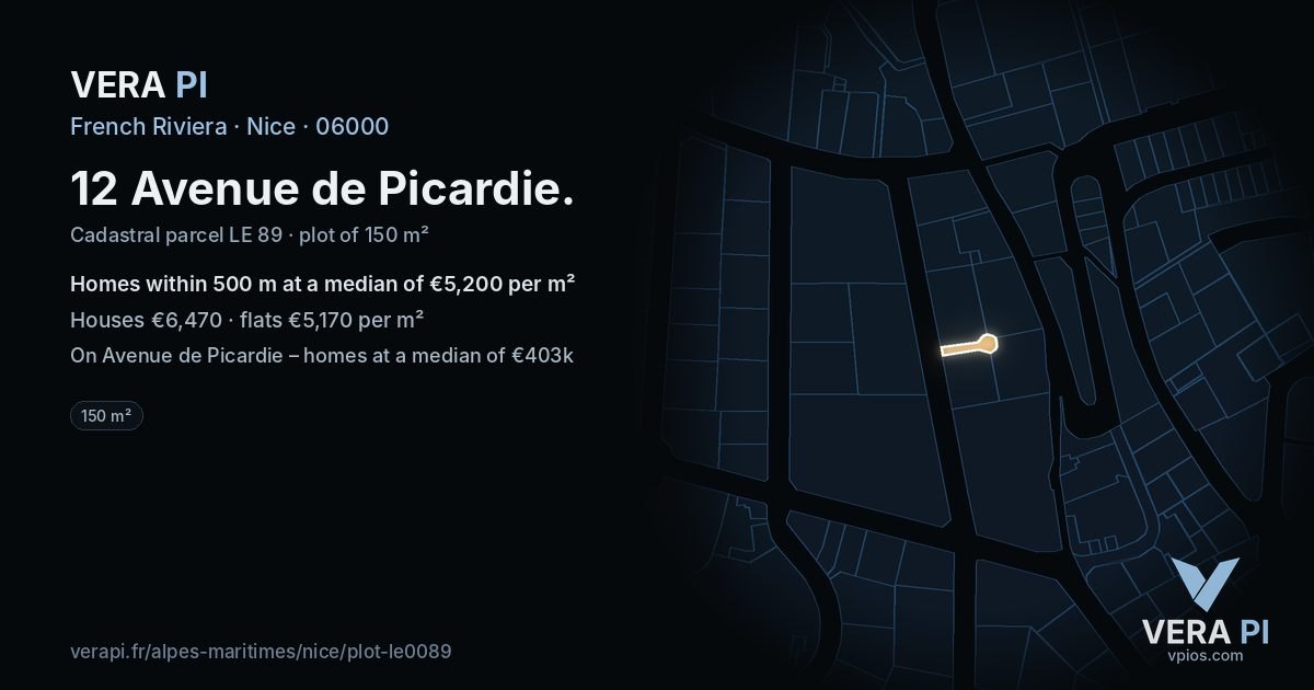 12 Avenue de Picardie, Nice at night – the plot lit, the parcels around coloured by the prices near them