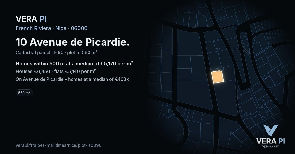 10 Avenue de Picardie, Nice at night – the plot lit, the parcels around coloured by the prices near them