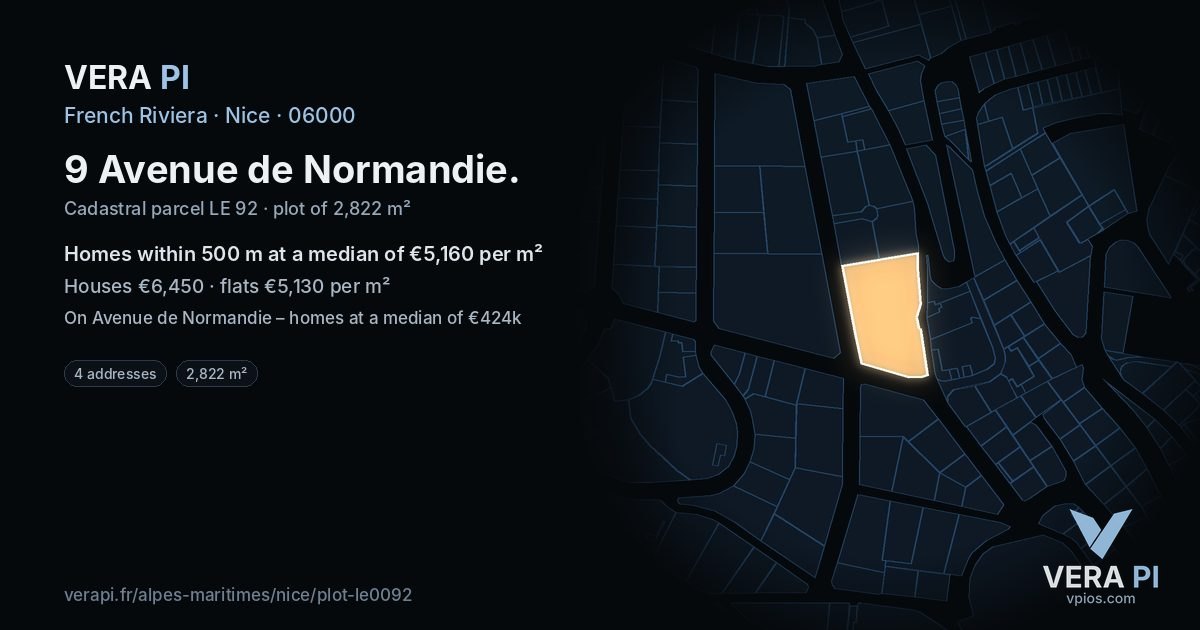 9 Avenue de Normandie, Nice at night – the plot lit, the parcels around coloured by the prices near them