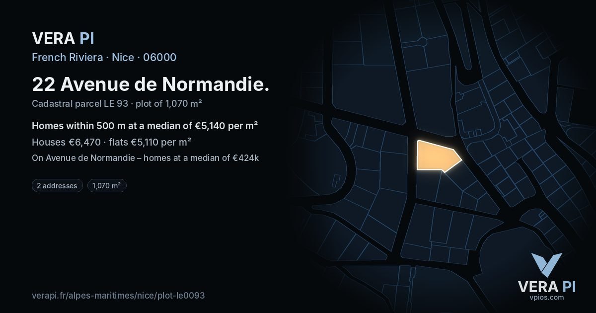 22 Avenue de Normandie, Nice at night – the plot lit, the parcels around coloured by the prices near them