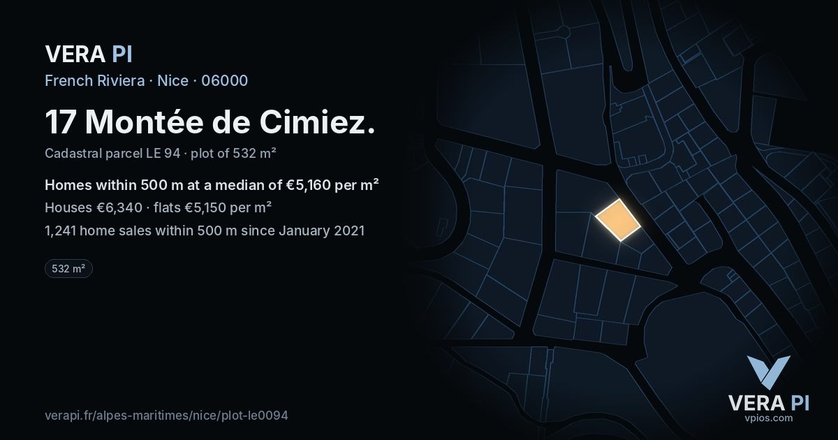 17 Montée de Cimiez, Nice at night – the plot lit, the parcels around coloured by the prices near them