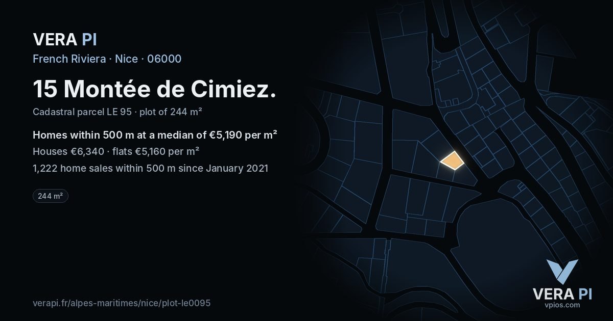 15 Montée de Cimiez, Nice at night – the plot lit, the parcels around coloured by the prices near them