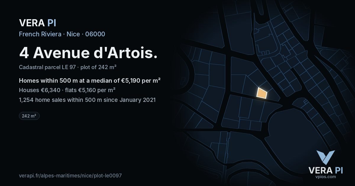 4 Avenue d'Artois, Nice at night – the plot lit, the parcels around coloured by the prices near them