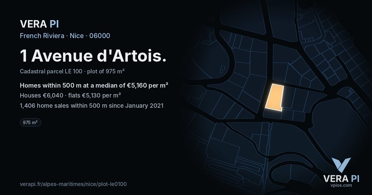 1 Avenue d'Artois, Nice at night – the plot lit, the parcels around coloured by the prices near them