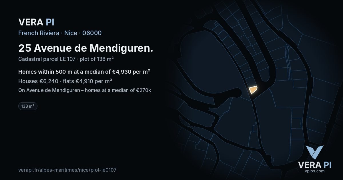 25 Avenue de Mendiguren, Nice at night – the plot lit, the parcels around coloured by the prices near them