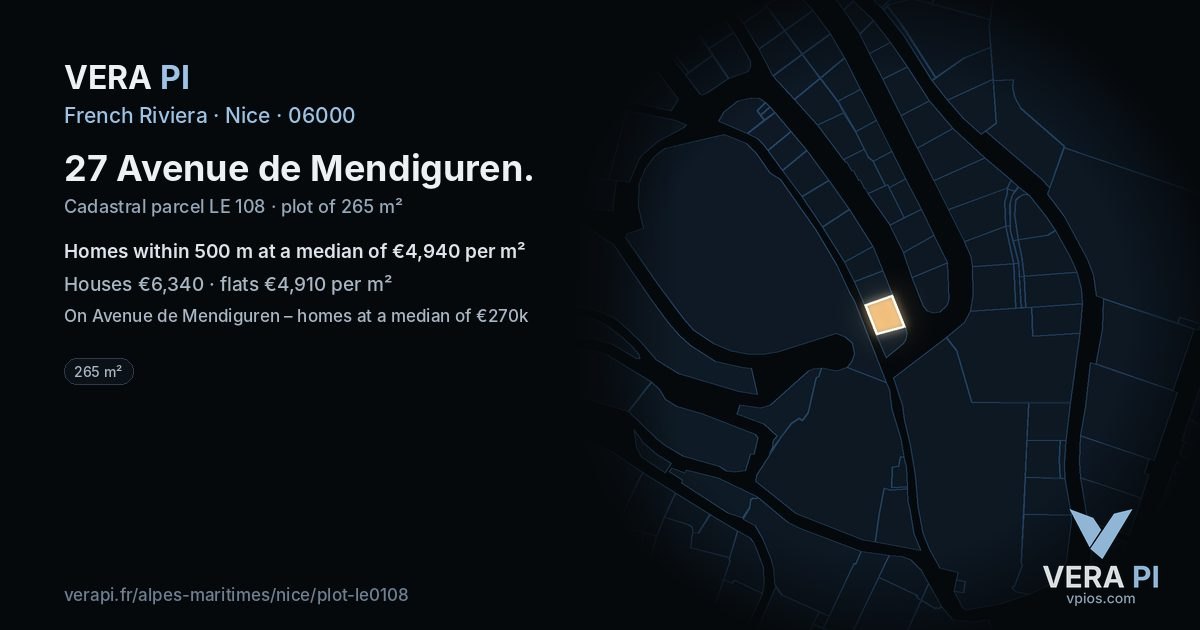27 Avenue de Mendiguren, Nice at night – the plot lit, the parcels around coloured by the prices near them