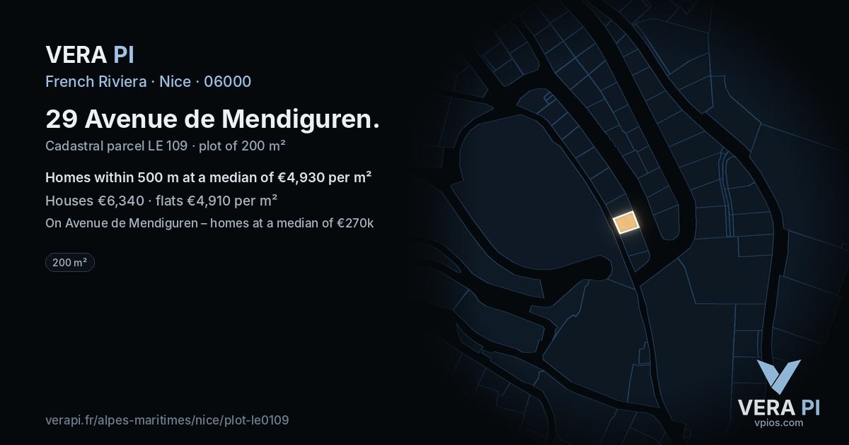 29 Avenue de Mendiguren, Nice at night – the plot lit, the parcels around coloured by the prices near them