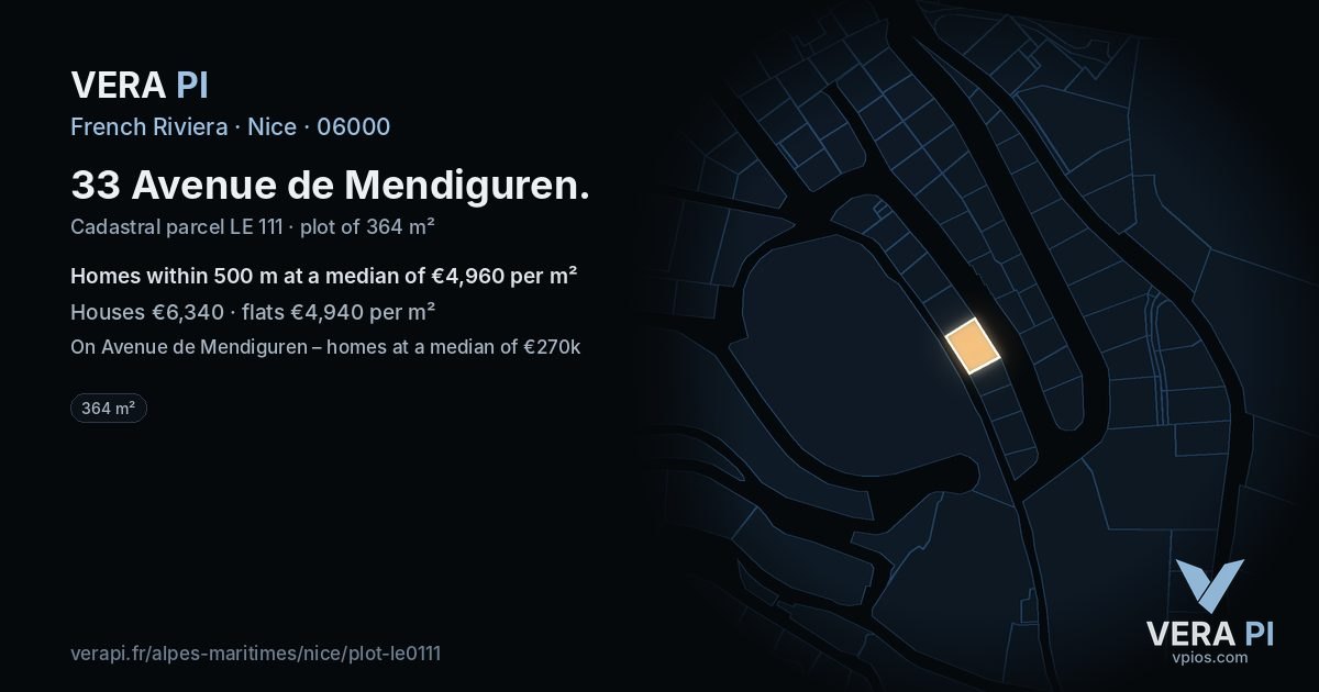 33 Avenue de Mendiguren, Nice at night – the plot lit, the parcels around coloured by the prices near them