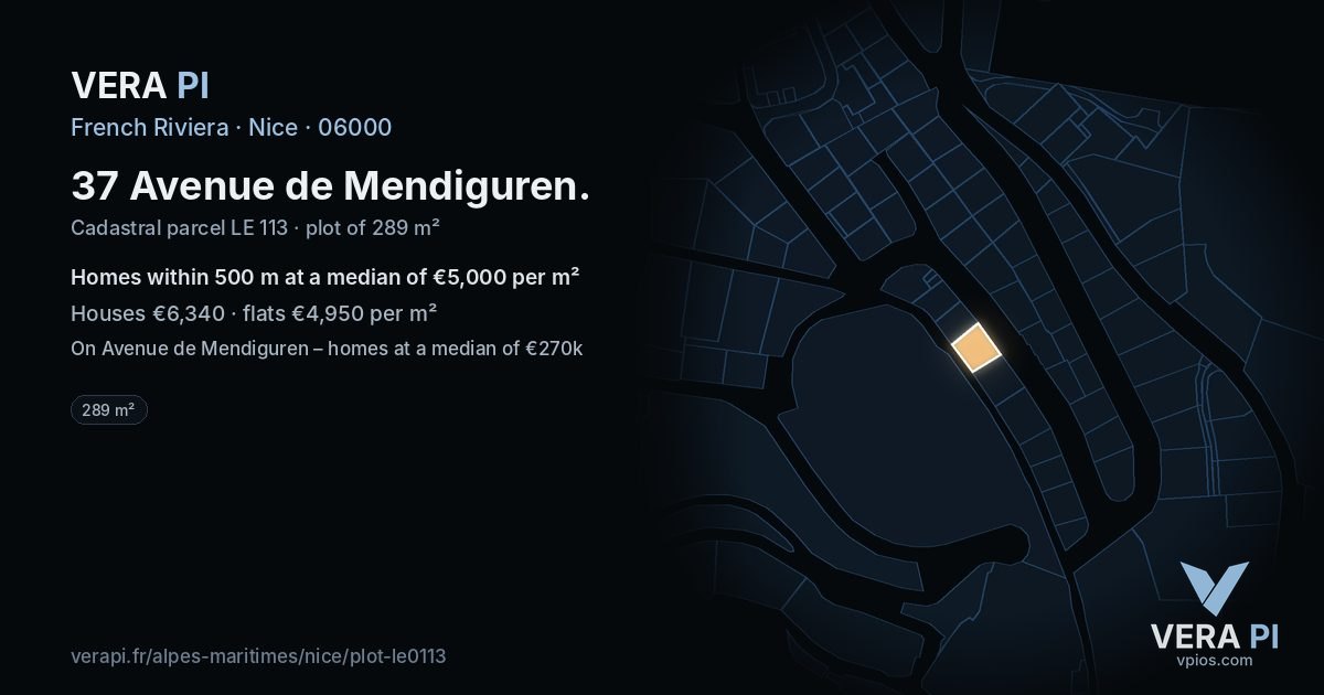 37 Avenue de Mendiguren, Nice at night – the plot lit, the parcels around coloured by the prices near them