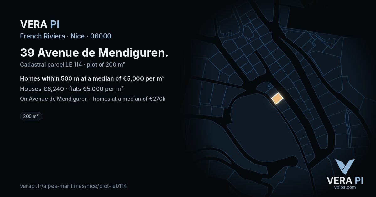 39 Avenue de Mendiguren, Nice at night – the plot lit, the parcels around coloured by the prices near them