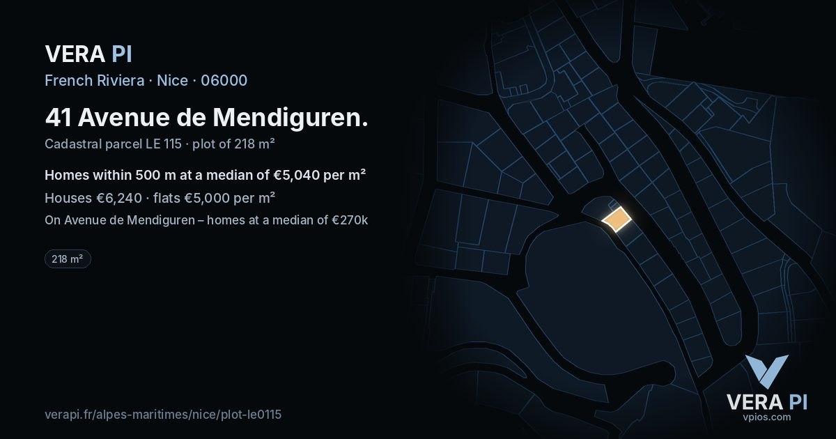 41 Avenue de Mendiguren, Nice at night – the plot lit, the parcels around coloured by the prices near them