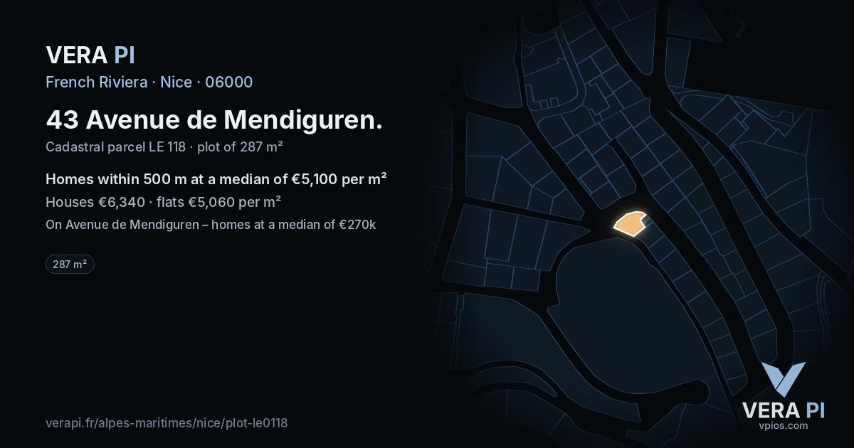 43 Avenue de Mendiguren, Nice at night – the plot lit, the parcels around coloured by the prices near them