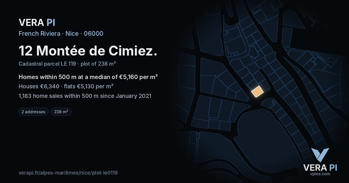 12 Montée de Cimiez, Nice at night – the plot lit, the parcels around coloured by the prices near them