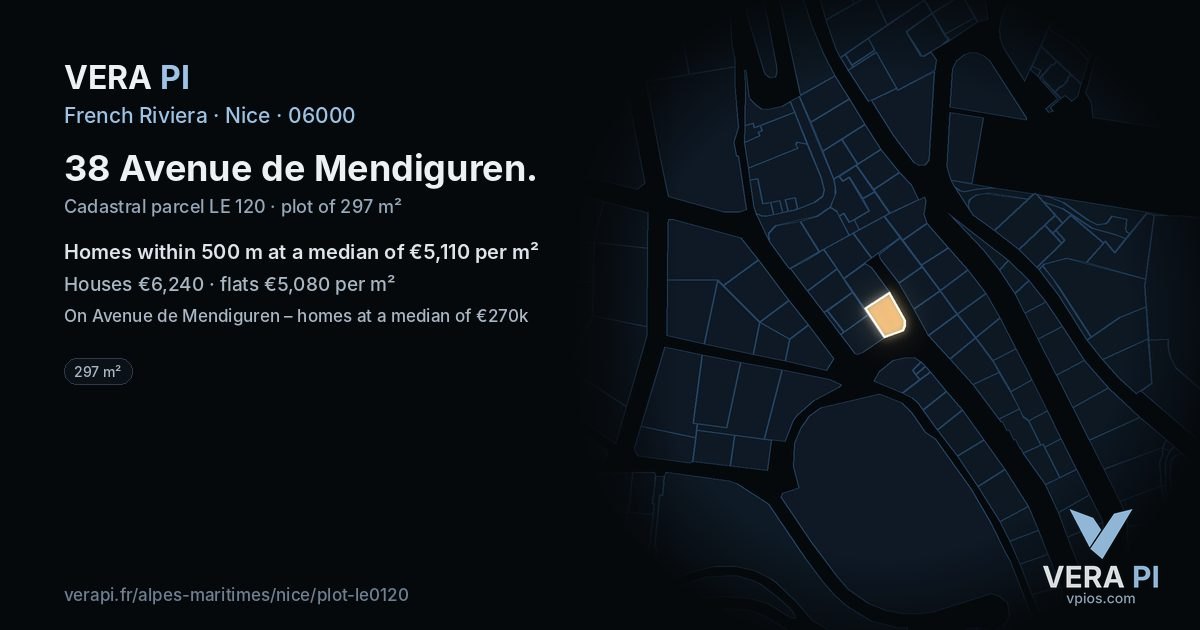 38 Avenue de Mendiguren, Nice at night – the plot lit, the parcels around coloured by the prices near them