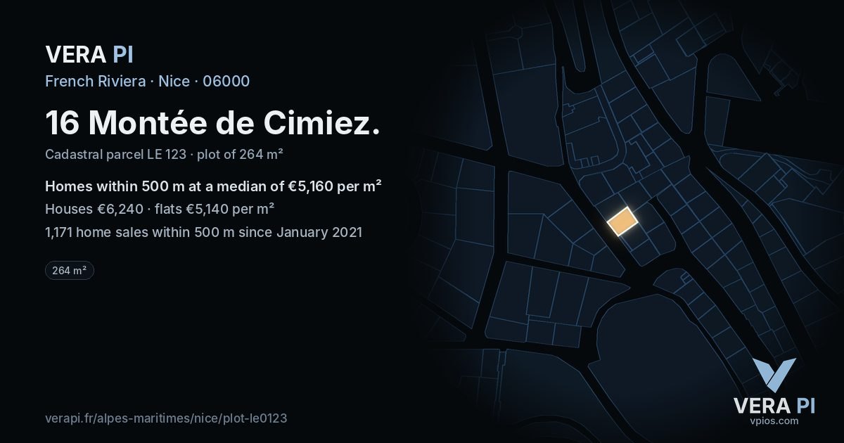 16 Montée de Cimiez, Nice at night – the plot lit, the parcels around coloured by the prices near them
