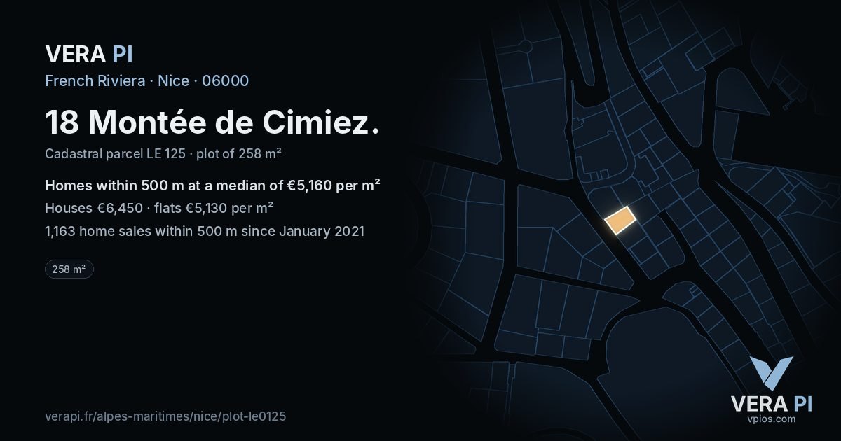 18 Montée de Cimiez, Nice at night – the plot lit, the parcels around coloured by the prices near them