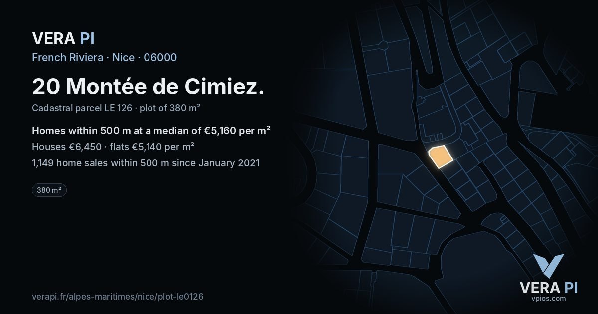 20 Montée de Cimiez, Nice at night – the plot lit, the parcels around coloured by the prices near them