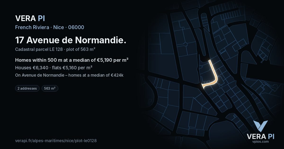 17 Avenue de Normandie, Nice at night – the plot lit, the parcels around coloured by the prices near them
