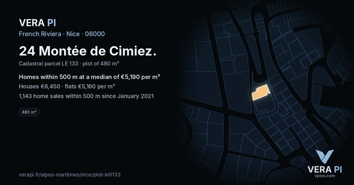 24 Montée de Cimiez, Nice at night – the plot lit, the parcels around coloured by the prices near them