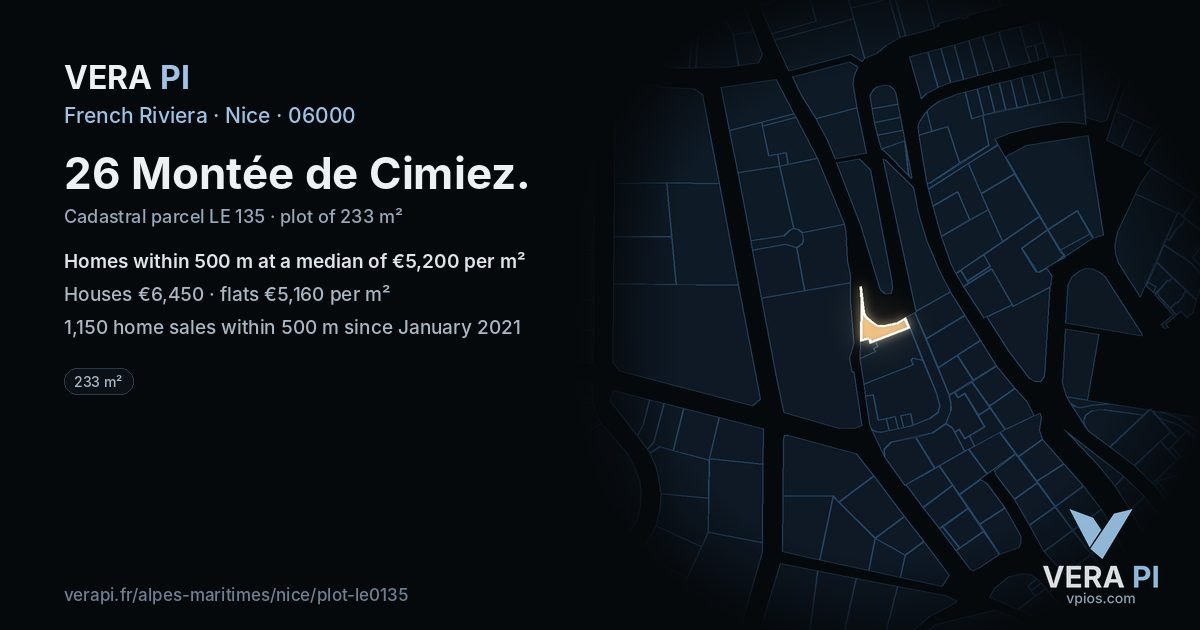 26 Montée de Cimiez, Nice at night – the plot lit, the parcels around coloured by the prices near them
