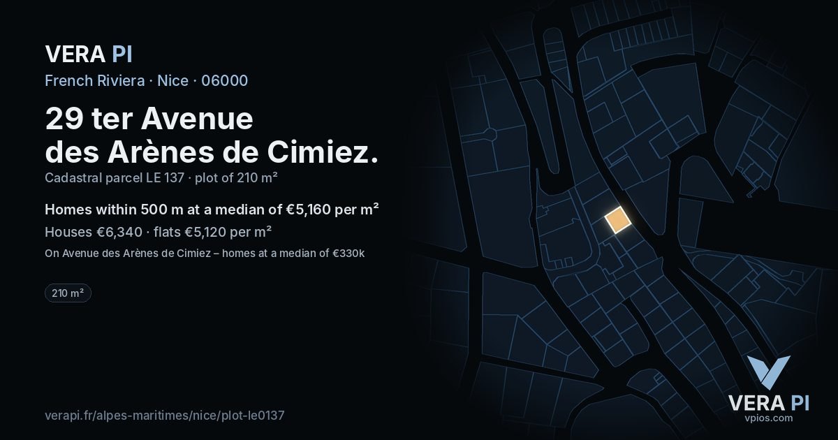 29 ter Avenue des Arènes de Cimiez, Nice at night – the plot lit, the parcels around coloured by the prices near them