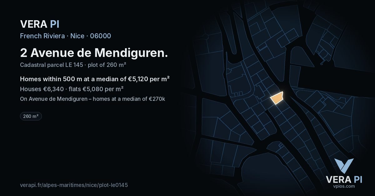 2 Avenue de Mendiguren, Nice at night – the plot lit, the parcels around coloured by the prices near them