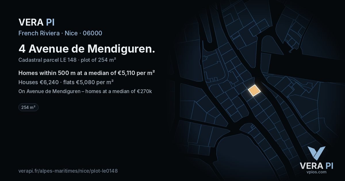 4 Avenue de Mendiguren, Nice at night – the plot lit, the parcels around coloured by the prices near them