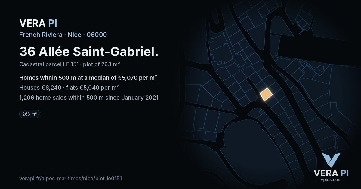 36 Allée Saint-Gabriel, Nice at night – the plot lit, the parcels around coloured by the prices near them