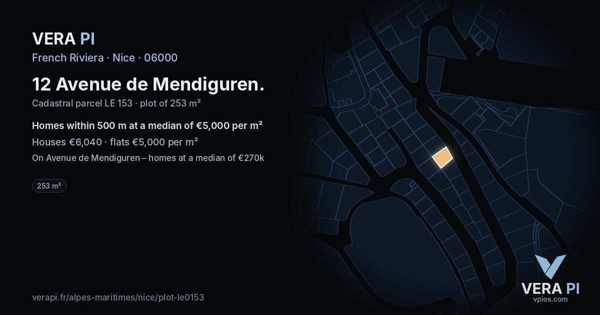 12 Avenue de Mendiguren, Nice at night – the plot lit, the parcels around coloured by the prices near them