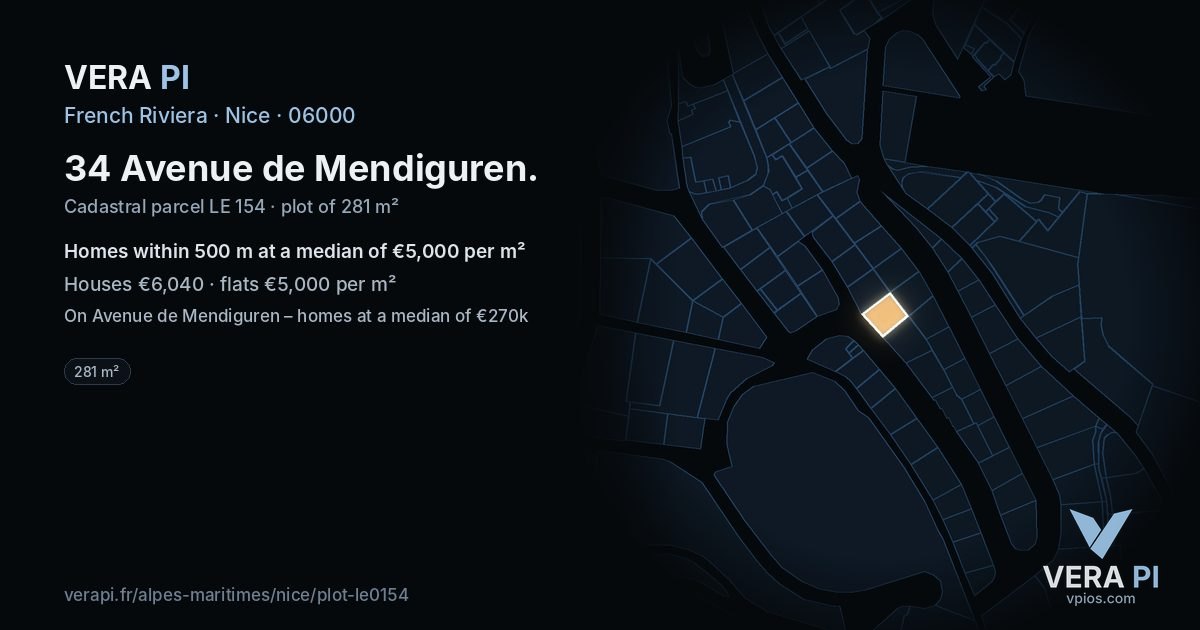 34 Avenue de Mendiguren, Nice at night – the plot lit, the parcels around coloured by the prices near them