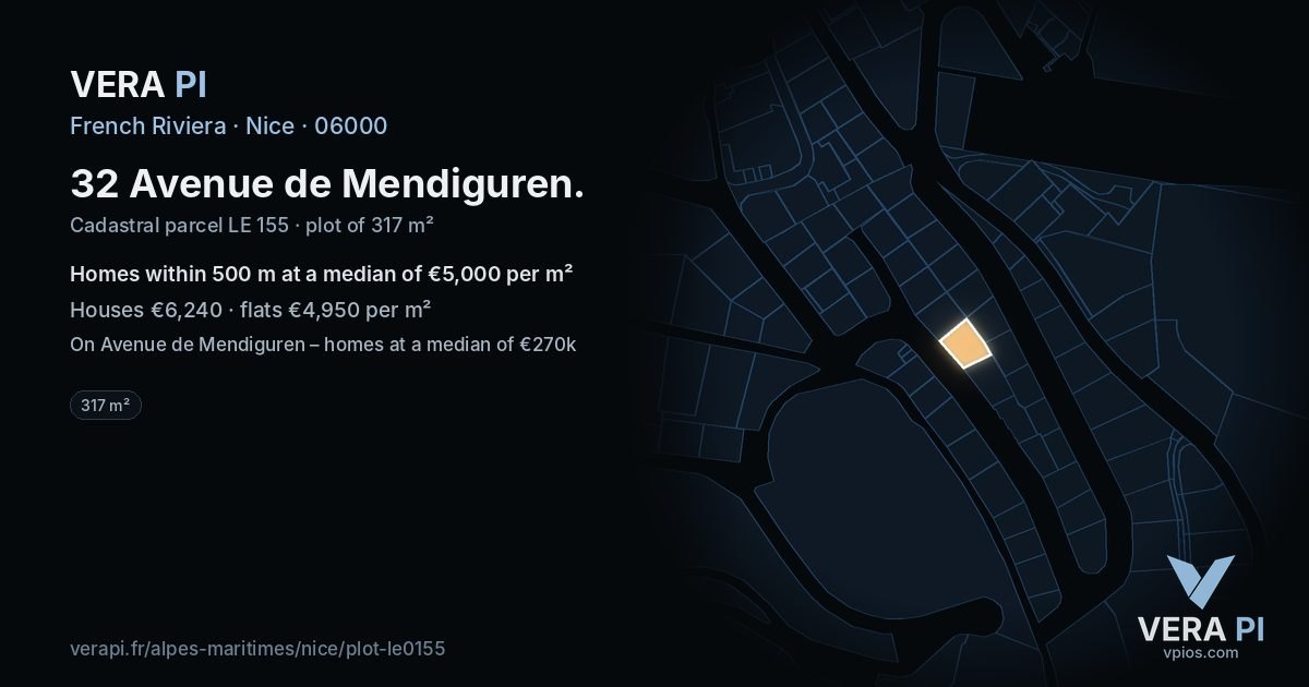 32 Avenue de Mendiguren, Nice at night – the plot lit, the parcels around coloured by the prices near them