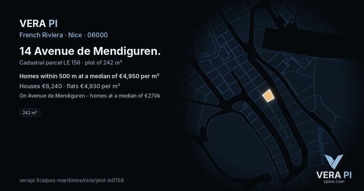 14 Avenue de Mendiguren, Nice at night – the plot lit, the parcels around coloured by the prices near them