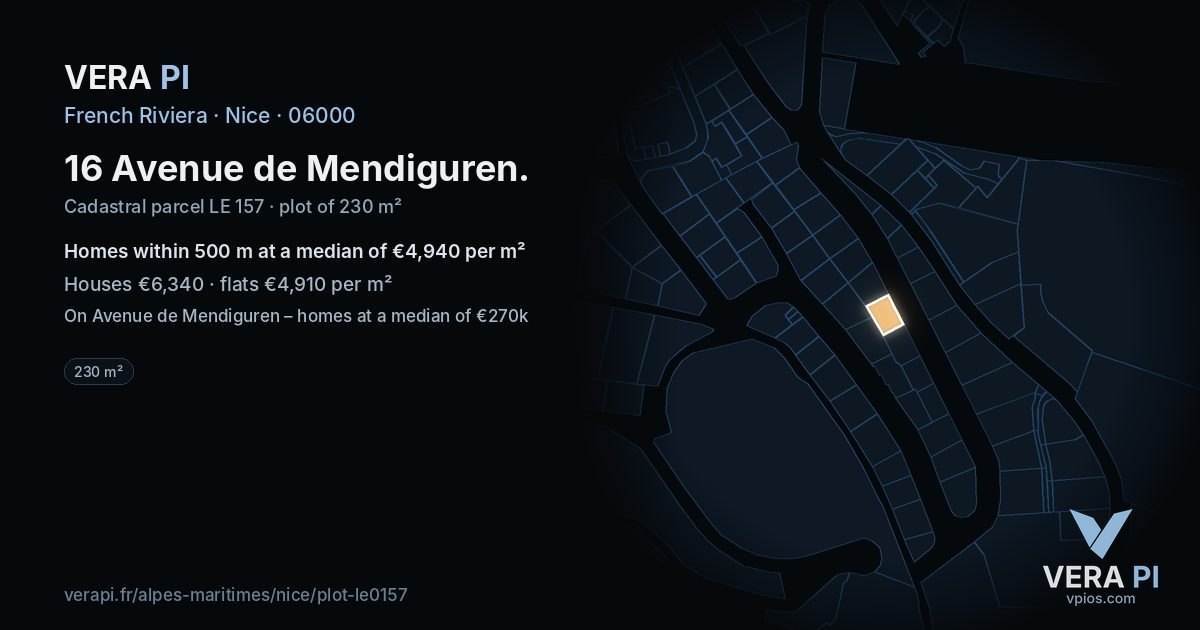 16 Avenue de Mendiguren, Nice at night – the plot lit, the parcels around coloured by the prices near them