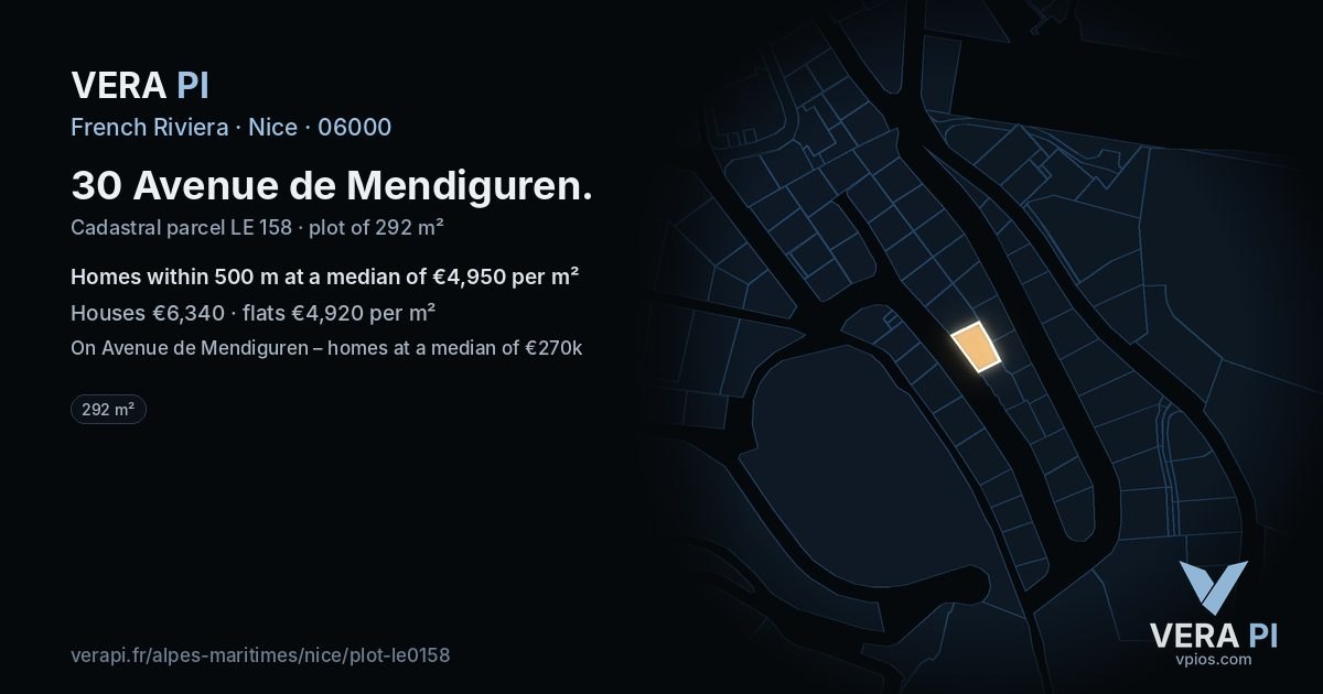 30 Avenue de Mendiguren, Nice at night – the plot lit, the parcels around coloured by the prices near them