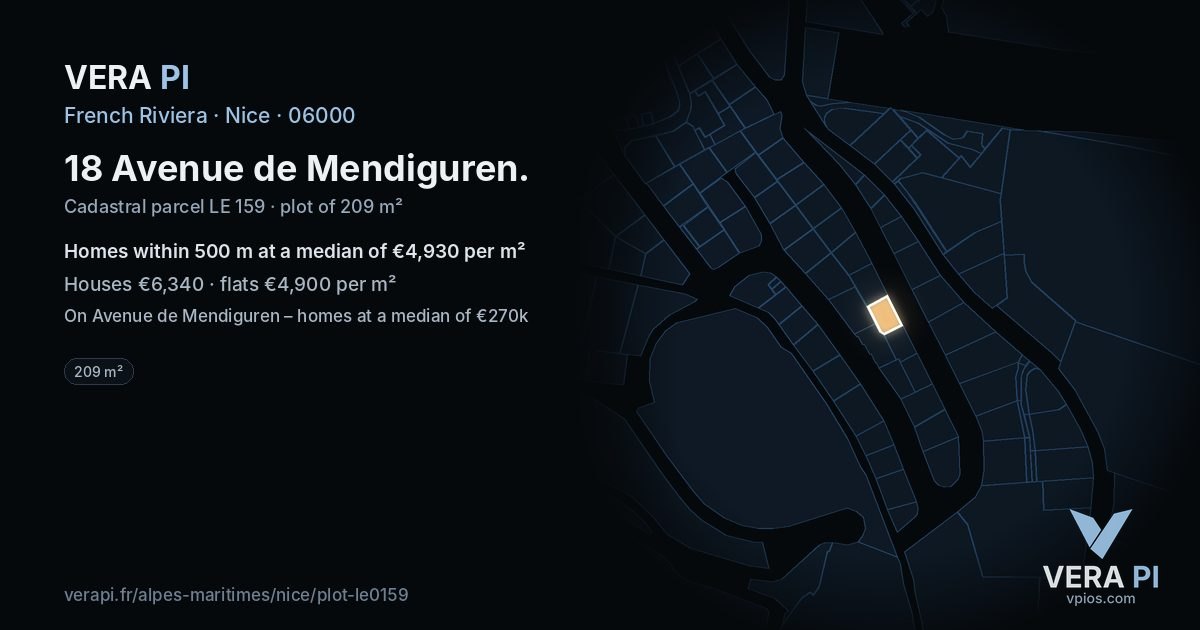 18 Avenue de Mendiguren, Nice at night – the plot lit, the parcels around coloured by the prices near them