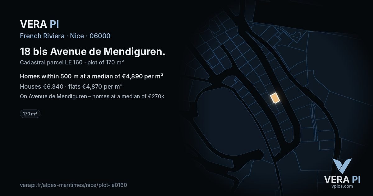 18 bis Avenue de Mendiguren, Nice at night – the plot lit, the parcels around coloured by the prices near them