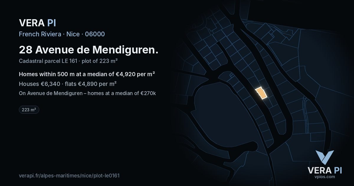 28 Avenue de Mendiguren, Nice at night – the plot lit, the parcels around coloured by the prices near them