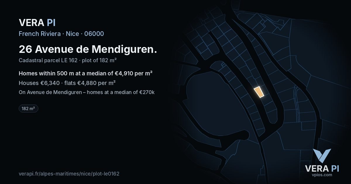 26 Avenue de Mendiguren, Nice at night – the plot lit, the parcels around coloured by the prices near them