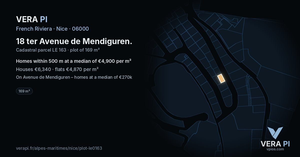 18 ter Avenue de Mendiguren, Nice at night – the plot lit, the parcels around coloured by the prices near them