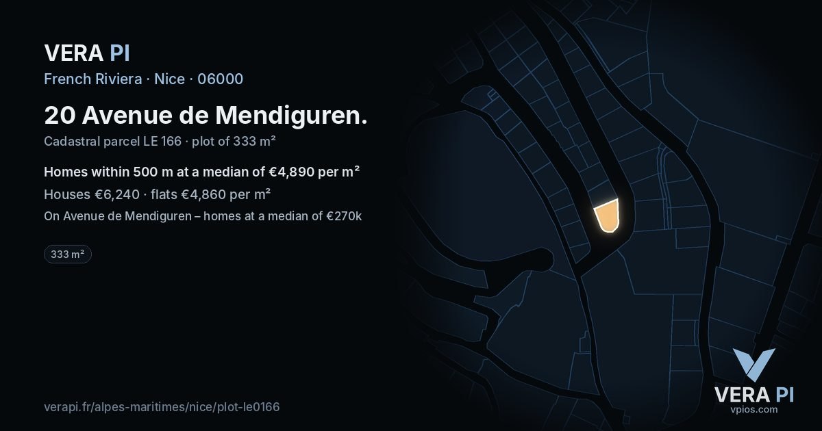 20 Avenue de Mendiguren, Nice at night – the plot lit, the parcels around coloured by the prices near them
