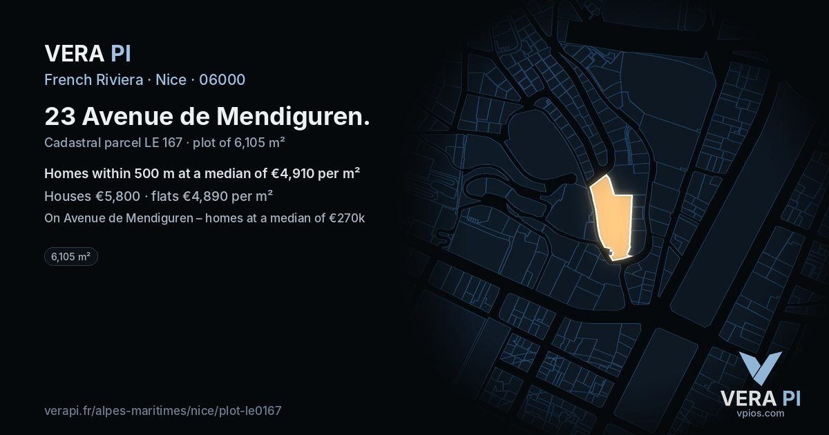 23 Avenue de Mendiguren, Nice at night – the plot lit, the parcels around coloured by the prices near them