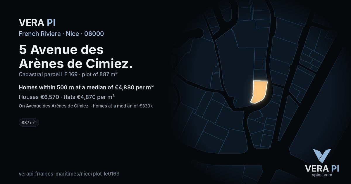 5 Avenue des Arènes de Cimiez, Nice at night – the plot lit, the parcels around coloured by the prices near them