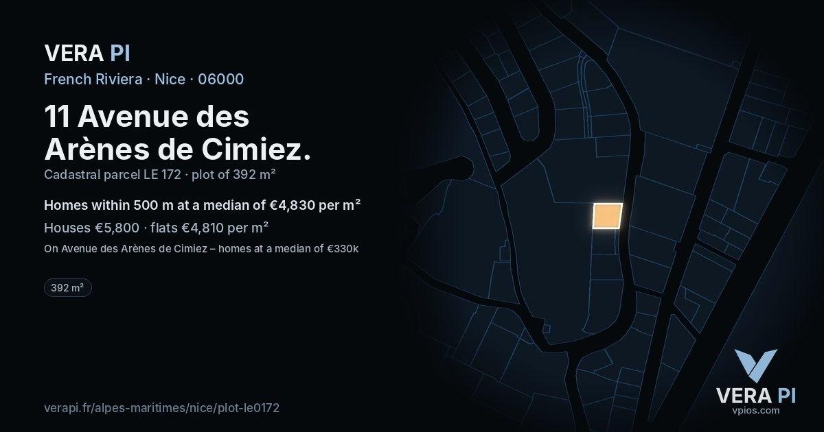 11 Avenue des Arènes de Cimiez, Nice at night – the plot lit, the parcels around coloured by the prices near them