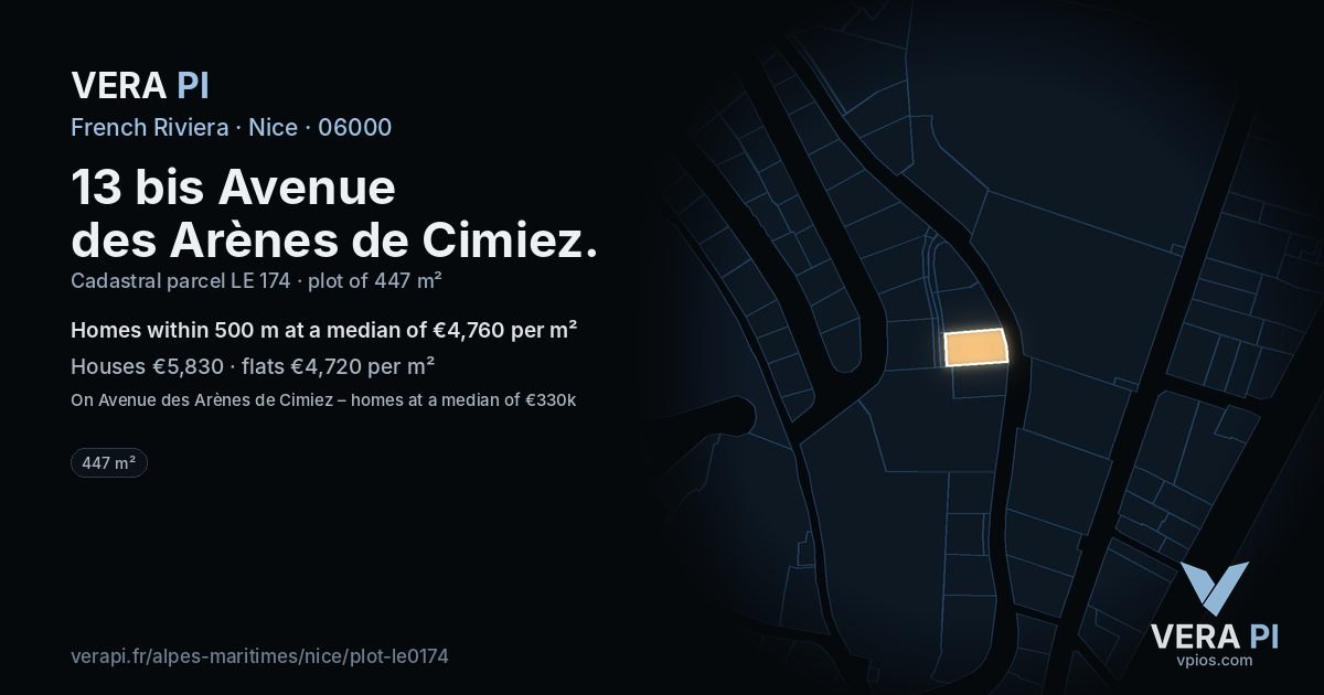 13 bis Avenue des Arènes de Cimiez, Nice at night – the plot lit, the parcels around coloured by the prices near them