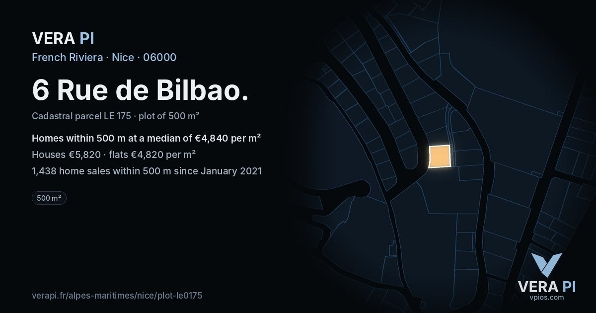 6 Rue de Bilbao, Nice at night – the plot lit, the parcels around coloured by the prices near them