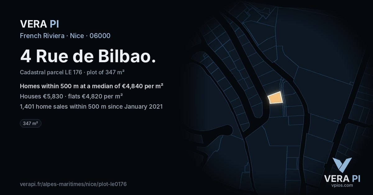 4 Rue de Bilbao, Nice at night – the plot lit, the parcels around coloured by the prices near them