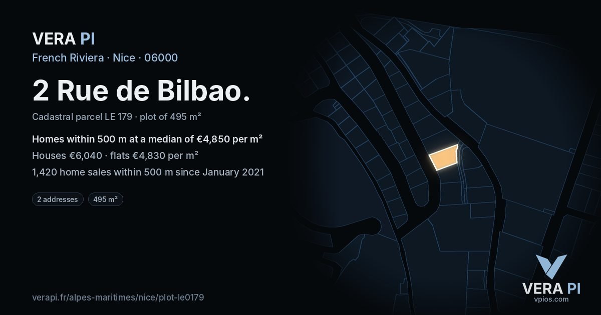 2 Rue de Bilbao, Nice at night – the plot lit, the parcels around coloured by the prices near them