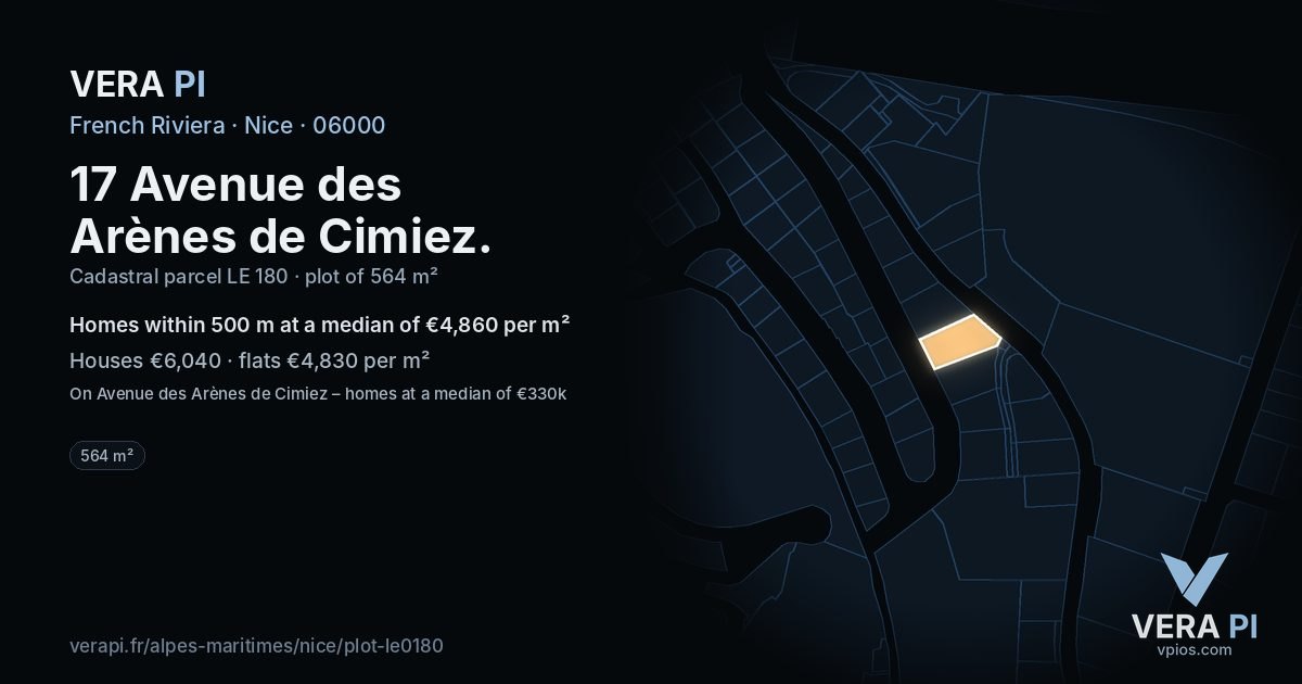 17 Avenue des Arènes de Cimiez, Nice at night – the plot lit, the parcels around coloured by the prices near them