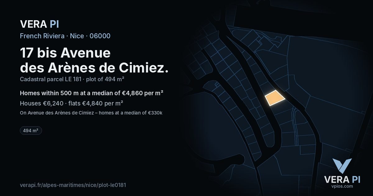 17 bis Avenue des Arènes de Cimiez, Nice at night – the plot lit, the parcels around coloured by the prices near them