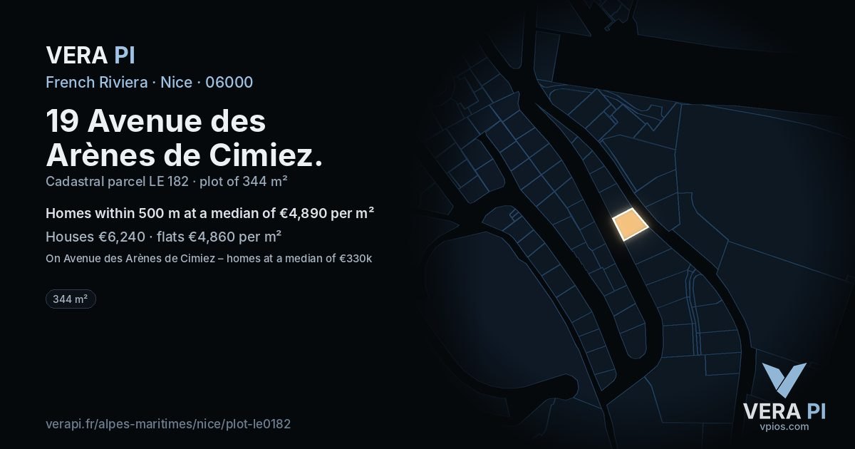 19 Avenue des Arènes de Cimiez, Nice at night – the plot lit, the parcels around coloured by the prices near them